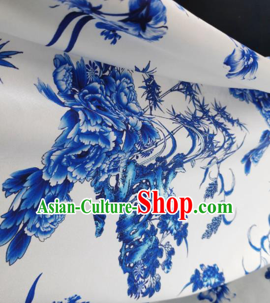 Chinese Traditional Peony Bamboo Pattern Design White Satin Watered Gauze Brocade Fabric Asian Silk Fabric Material