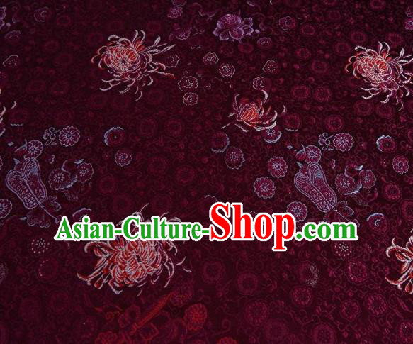 Chinese Classical Chrysanthemum Pattern Design Dark Red Brocade Asian Traditional Hanfu Silk Fabric Tang Suit Fabric Material