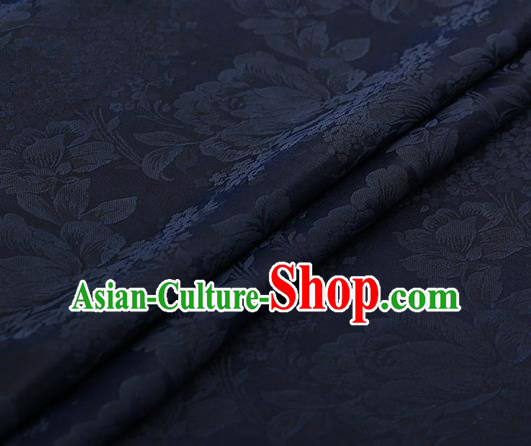 Chinese Traditional Peony Pattern Design Navy Blue Satin Watered Gauze Brocade Fabric Asian Silk Fabric Material