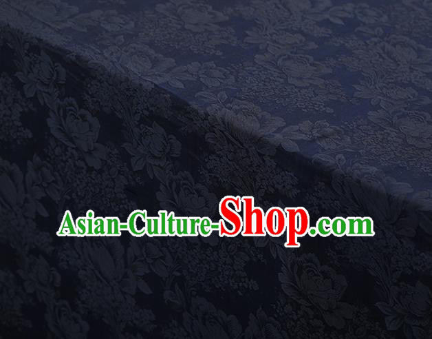 Chinese Traditional Peony Pattern Design Navy Blue Satin Watered Gauze Brocade Fabric Asian Silk Fabric Material