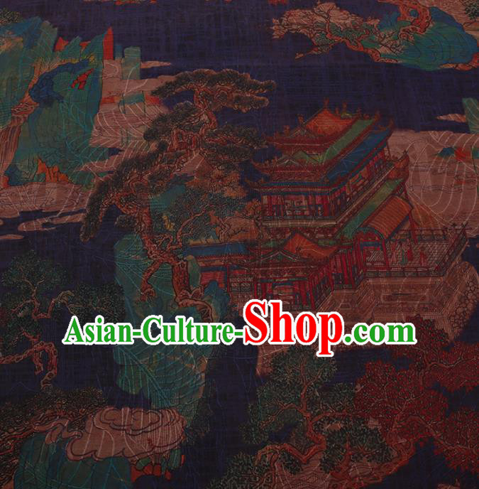 Traditional Chinese Satin Classical Palace Pattern Design Navy Watered Gauze Brocade Fabric Asian Silk Fabric Material