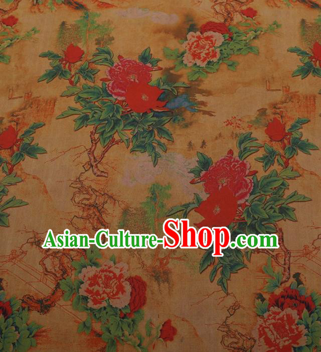 Traditional Chinese Satin Classical Peony Pattern Design Yellow Watered Gauze Brocade Fabric Asian Silk Fabric Material