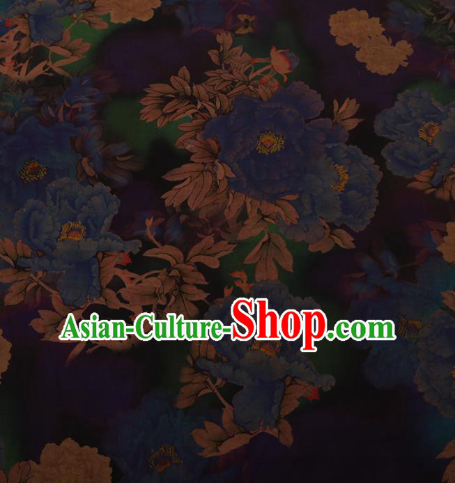 Traditional Chinese Satin Classical Blue Peony Pattern Design Watered Gauze Brocade Fabric Asian Silk Fabric Material