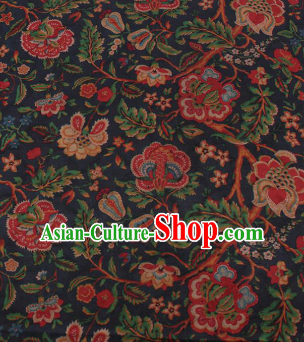Traditional Chinese Satin Classical Twine Peony Pattern Design Navy Watered Gauze Brocade Fabric Asian Silk Fabric Material