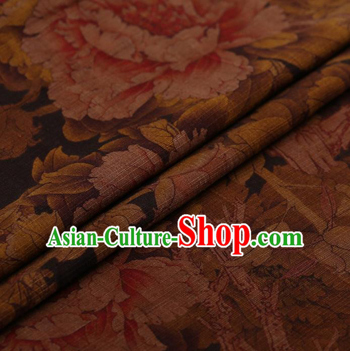 Traditional Chinese Classical Peony Pattern Design Brown Satin Watered Gauze Brocade Fabric Asian Silk Fabric Material