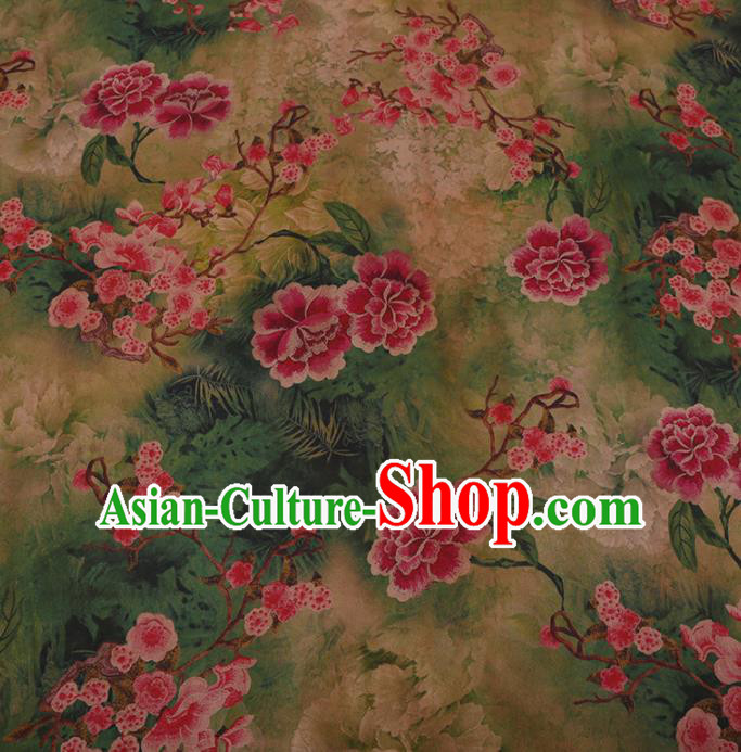 Traditional Chinese Satin Classical Peach Peony Pattern Design Green Watered Gauze Brocade Fabric Asian Silk Fabric Material