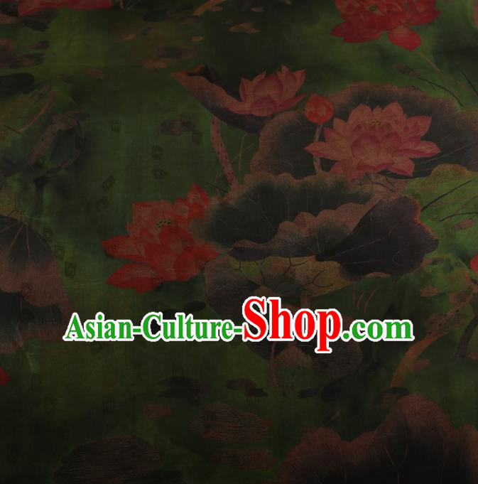Traditional Chinese Classical Lotus Pattern Design Green Satin Watered Gauze Brocade Fabric Asian Silk Fabric Material