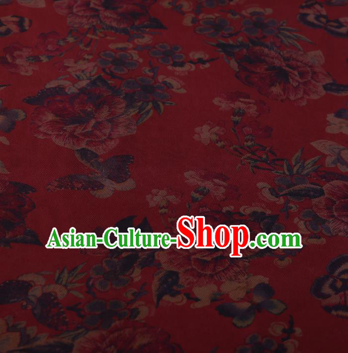 Chinese Traditional Peony Butterfly Pattern Design Red Satin Watered Gauze Brocade Fabric Asian Silk Fabric Material