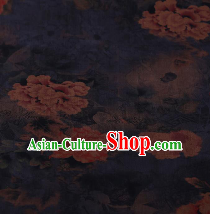 Traditional Chinese Classical Peony Pattern Design Navy Satin Watered Gauze Brocade Fabric Asian Silk Fabric Material