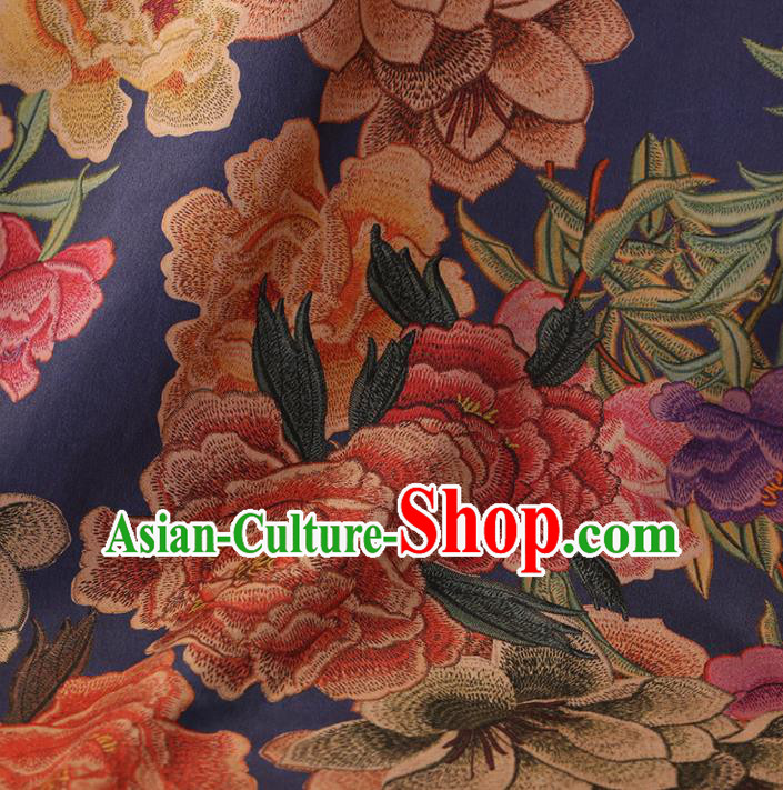 Traditional Chinese Classical Embroidered Peony Pattern Design Navy Satin Watered Gauze Brocade Fabric Asian Silk Fabric Material