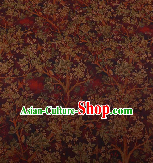 Traditional Chinese Classical Branch Leaf Pattern Design Wine Red Satin Watered Gauze Brocade Fabric Asian Silk Fabric Material