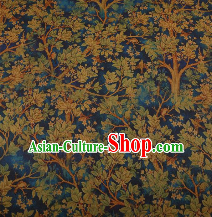 Traditional Chinese Classical Branch Leaf Pattern Design Blue Satin Watered Gauze Brocade Fabric Asian Silk Fabric Material