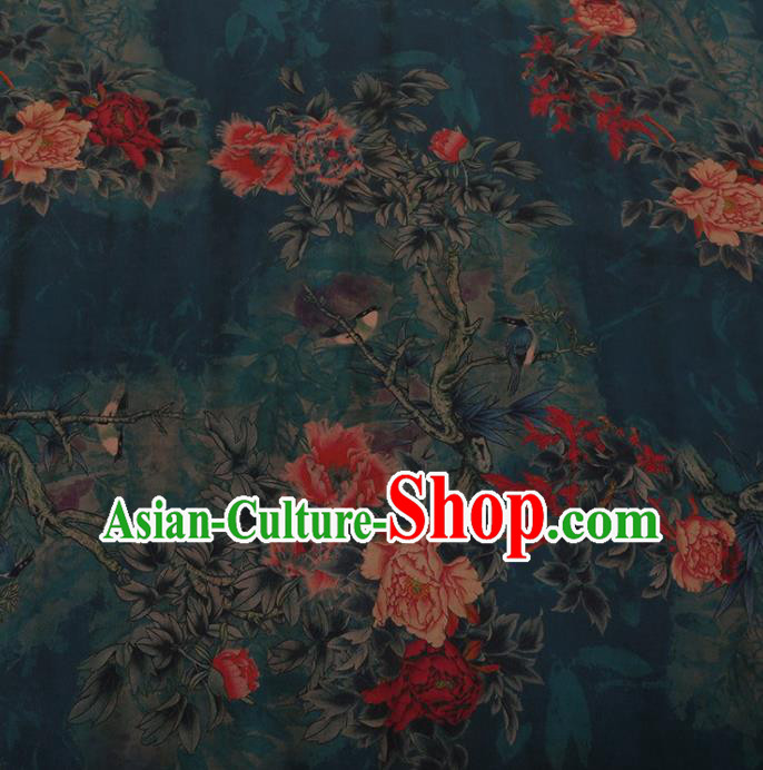 Traditional Chinese Classical Peony Flowers Pattern Design Green Satin Watered Gauze Brocade Fabric Asian Silk Fabric Material