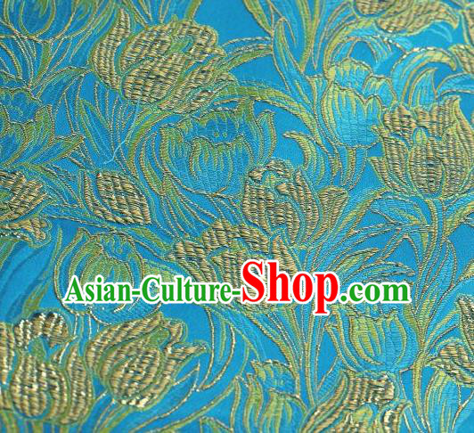 Chinese Classical Tulip Pattern Design Blue Brocade Asian Traditional Hanfu Silk Fabric Tang Suit Fabric Material