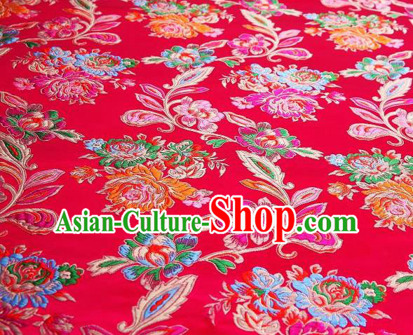 Chinese Classical Colorful Peony Pattern Design Rosy Brocade Asian Traditional Hanfu Silk Fabric Tang Suit Fabric Material