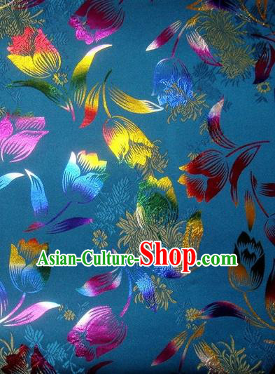 Chinese Classical Gilding Tulip Pattern Design Blue Brocade Asian Traditional Hanfu Silk Fabric Tang Suit Fabric Material