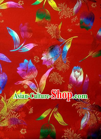 Chinese Classical Gilding Tulip Pattern Design Red Brocade Asian Traditional Hanfu Silk Fabric Tang Suit Fabric Material
