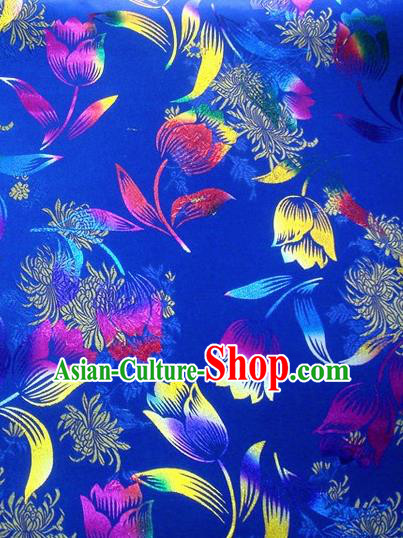 Chinese Classical Gilding Tulip Pattern Design Royalblue Brocade Asian Traditional Hanfu Silk Fabric Tang Suit Fabric Material