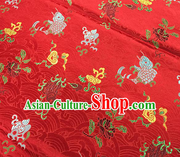 Traditional Chinese Classical Carps Pattern Design Fabric Red Brocade Tang Suit Satin Drapery Asian Silk Material