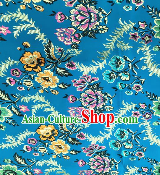 Traditional Chinese Royal Peony Pattern Design Blue Brocade Classical Satin Drapery Asian Tang Suit Silk Fabric Material