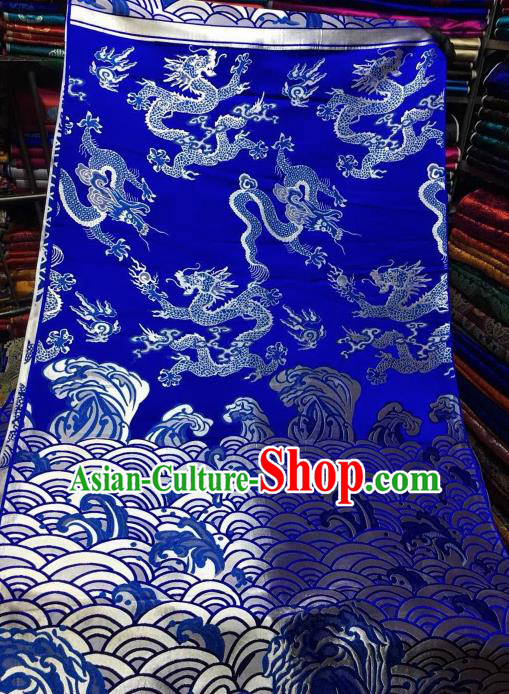 Asian Chinese Royal Wave Dragon Pattern Design Royalblue Brocade Fabric Traditional Tang Suit Satin Classical Drapery Silk Material