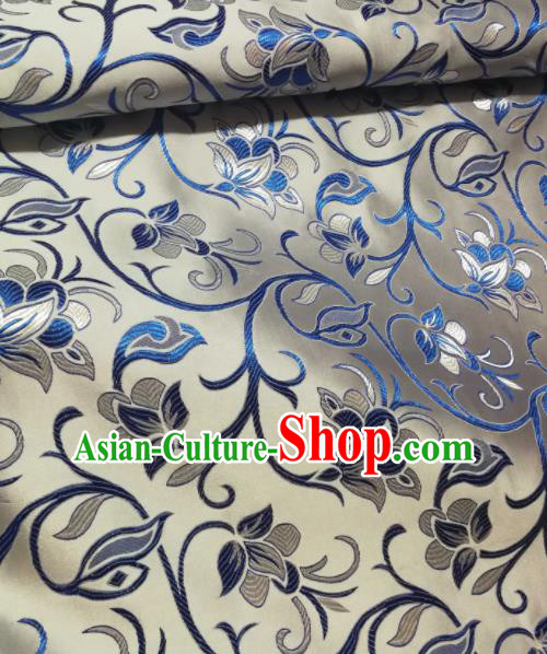 Asian Chinese White Satin Classical Timbo Flowers Pattern Design Brocade Mongolian Robe Fabric Traditional Drapery Silk Material