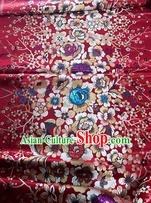 Asian Chinese Dress Wine Red Satin Classical Rich Flowers Pattern Design Red Brocade Fabric Traditional Drapery Silk Material