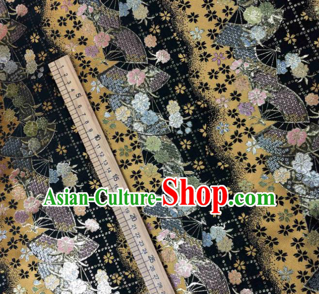 Asian Japanese Kimono Fabric Classical Fan Pattern Design Golden Brocade Traditional Drapery Silk Material