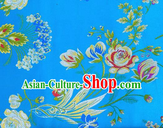 Asian Chinese Fabric Blue Satin Classical Flowers Bird Pattern Design Brocade Traditional Drapery Silk Material