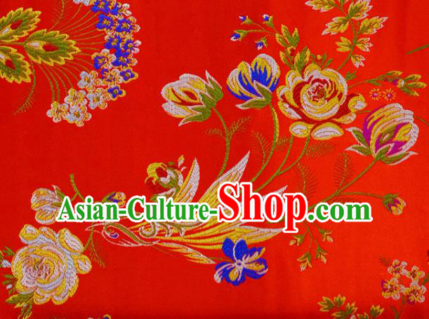 Asian Chinese Fabric Red Satin Classical Flowers Bird Pattern Design Brocade Traditional Drapery Silk Material