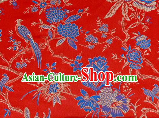 Asian Chinese Fabric Red Satin Classical Flowers Birds Pattern Design Brocade Traditional Drapery Silk Material