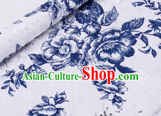 Asian Chinese Classical Blue Peony Pattern Design Satin Fabric Brocade Traditional Drapery Silk Material