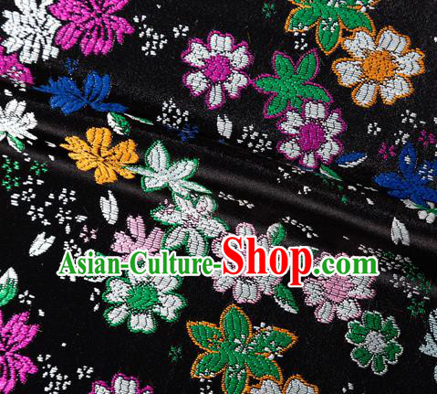 Asian Japanese Kimono Fabric Classical Flowers Pattern Design Black Brocade Traditional Drapery Silk Material