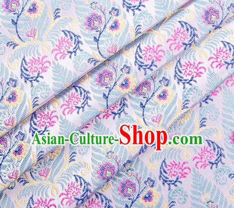 Asian Chinese Classical Cycas Flowers Pattern Design White Satin Fabric Brocade Traditional Drapery Silk Material