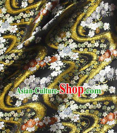Asian Japanese Kimono Black Satin Fabric Classical Sakura Pattern Design Brocade Traditional Drapery Silk Material
