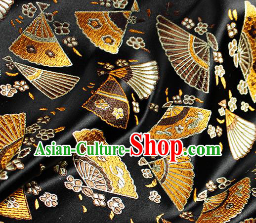 Asian Japanese Classical Fans Pattern Design Black Brocade Kimono Satin Fabric Damask Traditional Drapery Silk Material