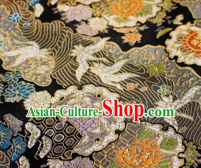 Asian Japanese Kimono Satin Fabric Classical Sunflowers Pattern Design Black Brocade Damask Traditional Drapery Silk Material
