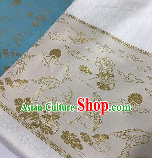 Chinese Hanfu Dress White Brocade Classical Crane Lotus Pattern Design Satin Fabric Asian Traditional Drapery Silk Material