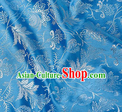 Chinese Classical Leaf Pattern Design Blue Satin Fabric Brocade Asian Traditional Drapery Silk Material