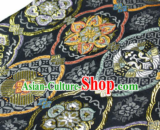 Asian Japanese Kimono Satin Fabric Classical Pattern Design Black Brocade Damask Traditional Drapery Silk Material
