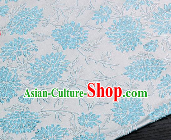 Chinese Classical Blue Hibiscus Pattern Design Satin Fabric Brocade Asian Traditional Drapery Silk Material
