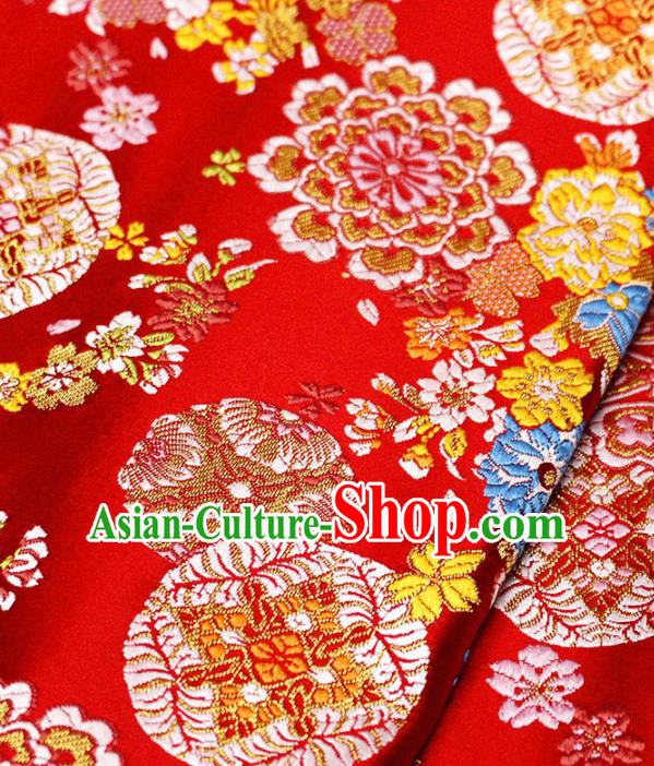 Asian Japanese Kimono Satin Fabric Classical Copper Pattern Design Red Brocade Damask Traditional Drapery Silk Material