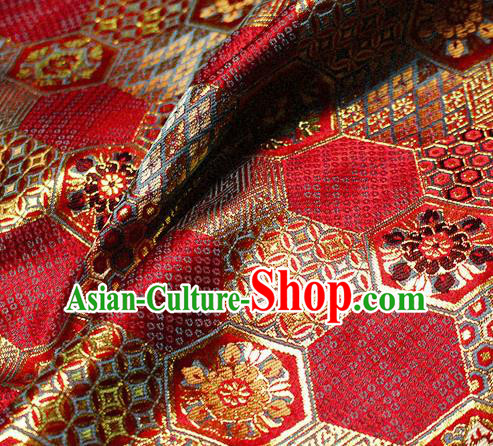 Asian Japanese Classical Tortoise Shell Pattern Design Red Brocade Kimono Satin Fabric Damask Traditional Drapery Silk Material