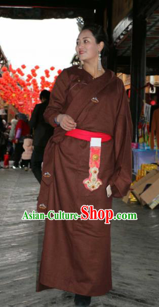Chinese Traditional Zang Nationality Female Dress Brown Tibetan Robe Ethnic Dance Costume for Women