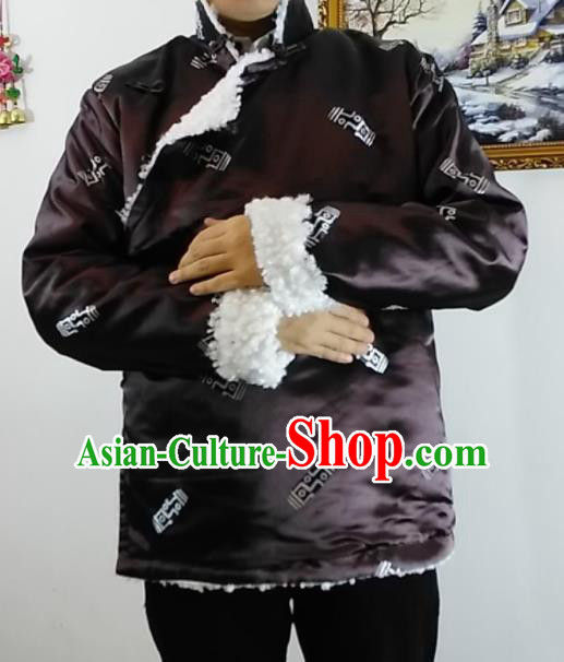 Chinese Traditional Zang Nationality Brown Cotton Padded Jacket Tibetan Ethnic Dance Costume for Men