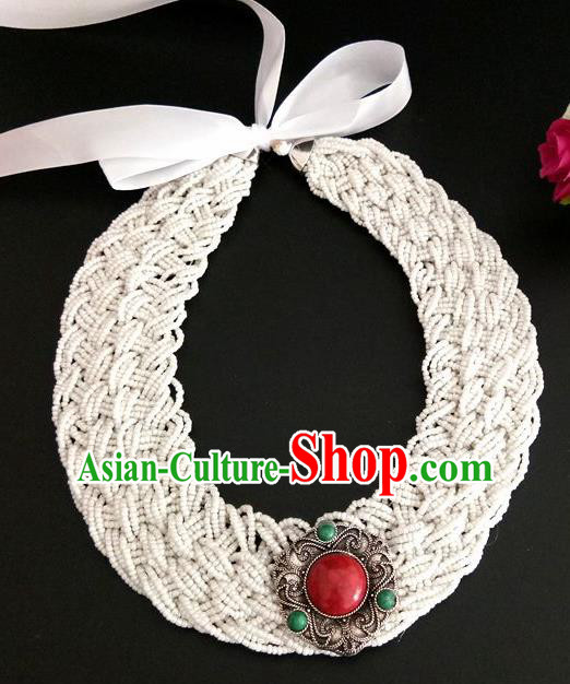 Chinese Traditional Mongol Nationality Weave White Hair Clasp Mongolian Ethnic Dance Headband Accessories for Women
