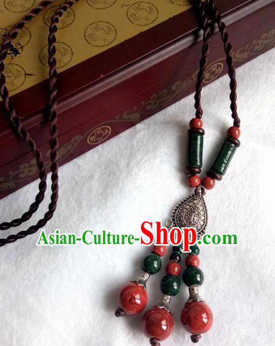 Chinese Traditional Mongol Nationality Atrovirens Ceramics Necklace Mongolian Ethnic Necklet Accessories for Women