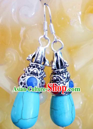 Chinese Traditional Mongol Nationality Blue Stone Earrings Mongolian Ethnic Ear Accessories for Women