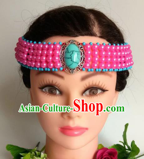 Chinese Traditional Mongol Nationality Rosy Beads Hair Clasp Mongolian Ethnic Dance Headband Accessories for Women