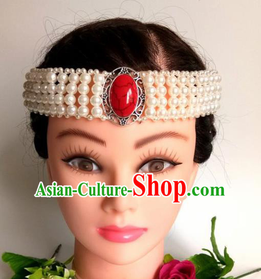 Chinese Traditional Mongol Nationality White Beads Hair Clasp Mongolian Ethnic Dance Headband Accessories for Women